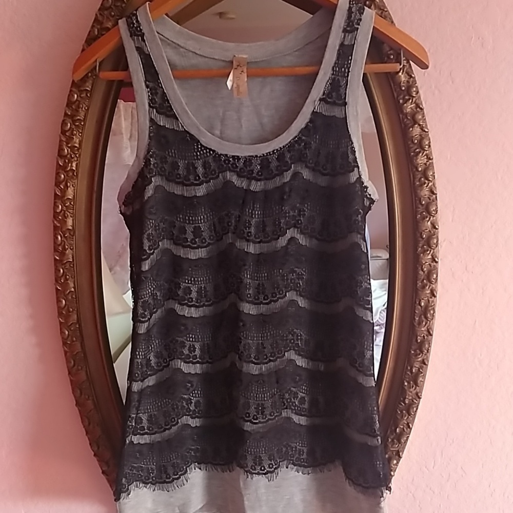 Decapolis black Lace over grey tank top